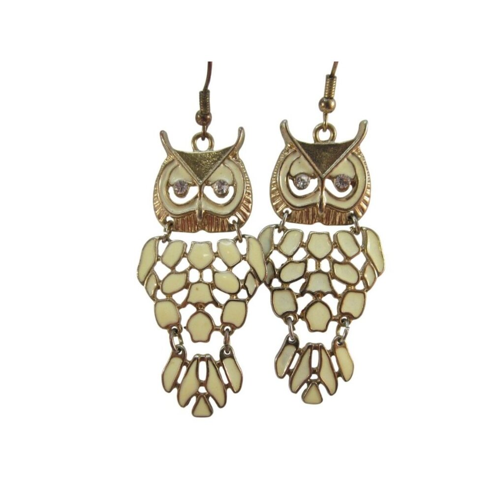 Articulated Tan Enamel Owl Pierced Earrings with Rhinestone Eyes